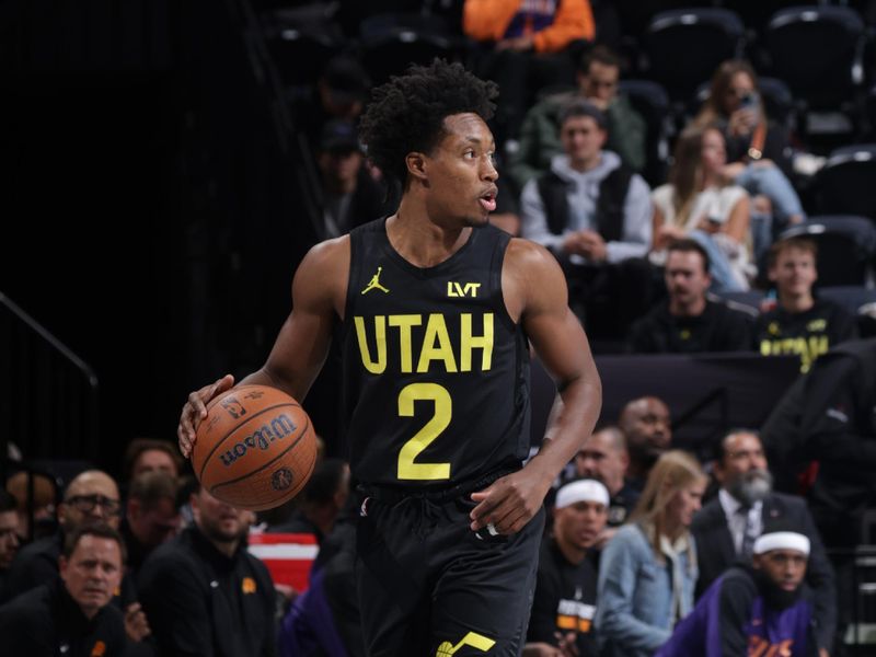 SALT LAKE CITY, UT - NOVEMBER 12: Collin Sexton #2 of the Utah Jazz looks to pass the ball during the game against the Phoenix Suns during the Emirates NBA Cup game on November 12, 2024 at vivint.SmartHome Arena in Salt Lake City, Utah. NOTE TO USER: User expressly acknowledges and agrees that, by downloading and or using this Photograph, User is consenting to the terms and conditions of the Getty Images License Agreement. Mandatory Copyright Notice: Copyright 2024NBAE (Photo by Melissa Majchrzak/NBAE via Getty Images)