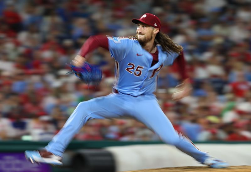 Aug 29, 2024; Philadelphia, Pennsylvania, USA; Philadelphia Phillies pitcher Matt Strahm (25) throws a pitch during the eighth inning against the Atlanta Braves at Citizens Bank Park. Mandatory Credit: Bill Streicher-USA TODAY Sports