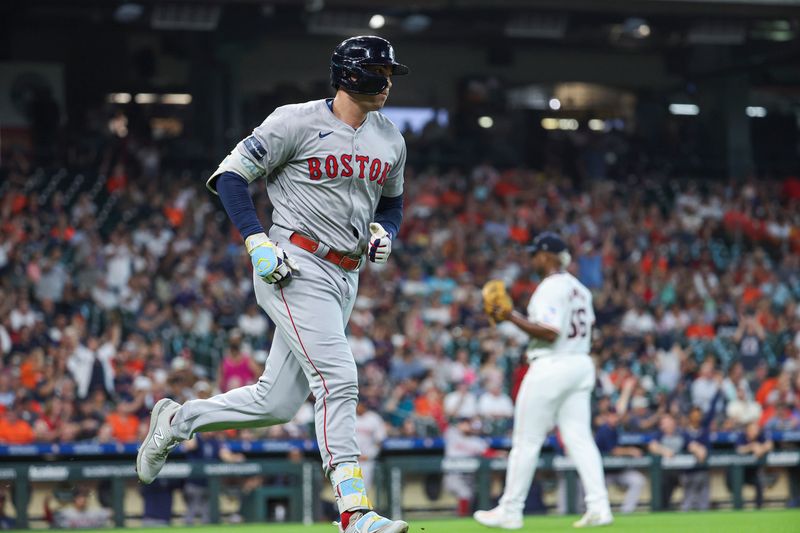 Aug 20, 2024; Houston, Texas, USA; Houston Astros starting pitcher Ronel Blanco (56) reacts and Boston Red Sox first baseman Triston Casas (36) rounds the bases after hitting a home run during the first inning at Minute Maid Park. Mandatory Credit: Troy Taormina-USA TODAY Sports