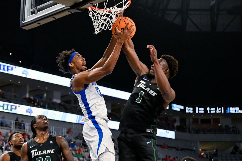 Mar 11, 2023; Fort Worth, TX, USA; Memphis Tigers forward DeAndre Williams (12) is fouled by Tulane Green Wave guard Sion James (1) during the first half at Dickies Arena. Mandatory Credit: Jerome Miron-USA TODAY Sports