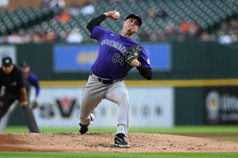 Sep 10, 2024; Detroit, Michigan, USA; Colorado Rockies starting pitcher Bradley Blalock (64) throws a pitch against the Detroit  in the first inning at Comerica Park. Mandatory Credit: Lon Horwedel-Imagn Images