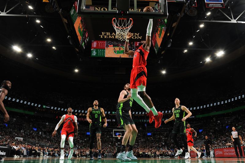 BOSTON, MA - NOVEMBER 16: Bruno Fernando #24 of the Toronto Raptors shoots the ball during the game against the Boston Celtics on November 16, 2024 at TD Garden in Boston, Massachusetts. NOTE TO USER: User expressly acknowledges and agrees that, by downloading and/or using this Photograph, user is consenting to the terms and conditions of the Getty Images License Agreement. Mandatory Copyright Notice: Copyright 2024 NBAE (Photo by Brian Babineau/NBAE via Getty Images)