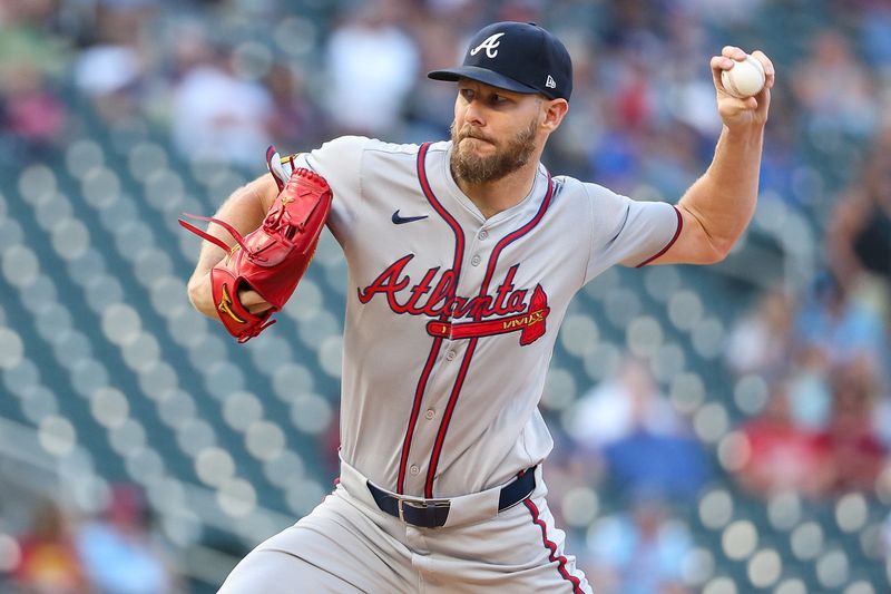 Aug 28, 2024; Minneapolis, Minnesota, USA; Atlanta Braves starting pitcher Chris Sale (51) delivers a pitch against the Minnesota Twins during the second inning at Target Field. Mandatory Credit: Matt Krohn-USA TODAY Sports