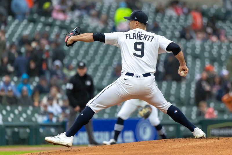 May 22, 2025; Detroit, Michigan, USA; Detroit Tigers pitcher Jack Flaherty (9) delivers in the first inning against the Cleveland Guardians at Comerica Park. Mandatory Credit: David Reginek-Imagn Images