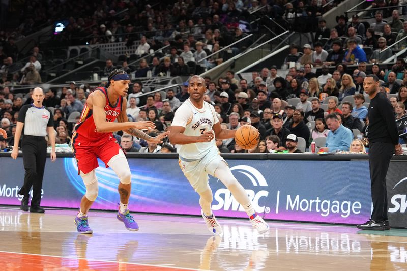 SAN ANTONIO, TX - DECEMBER 8: Chris Paul #3 of the San Antonio Spurs drives to the basket during the game against the New Orleans Pelicans on December 8, 2024 at the Frost Bank Center in San Antonio, Texas. NOTE TO USER: User expressly acknowledges and agrees that, by downloading and or using this photograph, user is consenting to the terms and conditions of the Getty Images License Agreement. Mandatory Copyright Notice: Copyright 2024 NBAE (Photos by Jesse D. Garrabrant/NBAE via Getty Images)