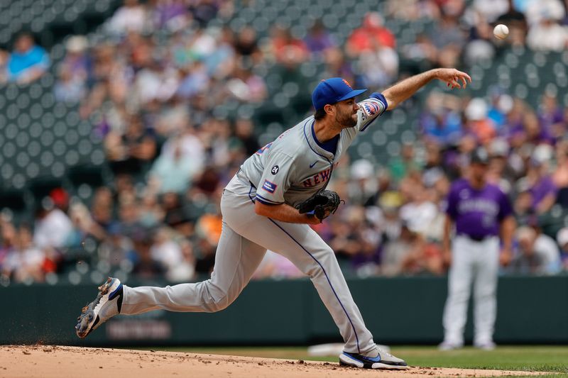 Aug 8, 2024; Denver, Colorado, USA; New York Mets starting pitcher David Peterson (23) pitches in the first inning against the Colorado Rockies at Coors Field. Mandatory Credit: Isaiah J. Downing-USA TODAY Sports