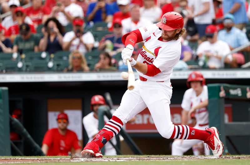 Mar 7, 2024; Jupiter, Florida, USA;  St. Louis Cardinals shortstop Brandon Crawford (35) bats against the Houston Astros in the first inning at Roger Dean Chevrolet Stadium. Mandatory Credit: Rhona Wise-USA TODAY Sports