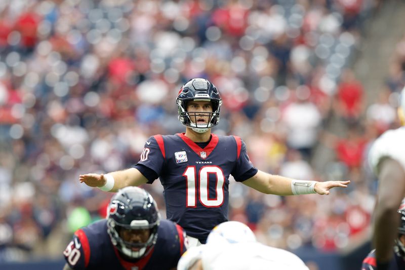 Houston Texans quarterback Davis Mills (10) during an NFL football game against the Los Angeles Chargers on Sunday, October 2, 2022, in Houston. (AP Photo/Matt Patterson)