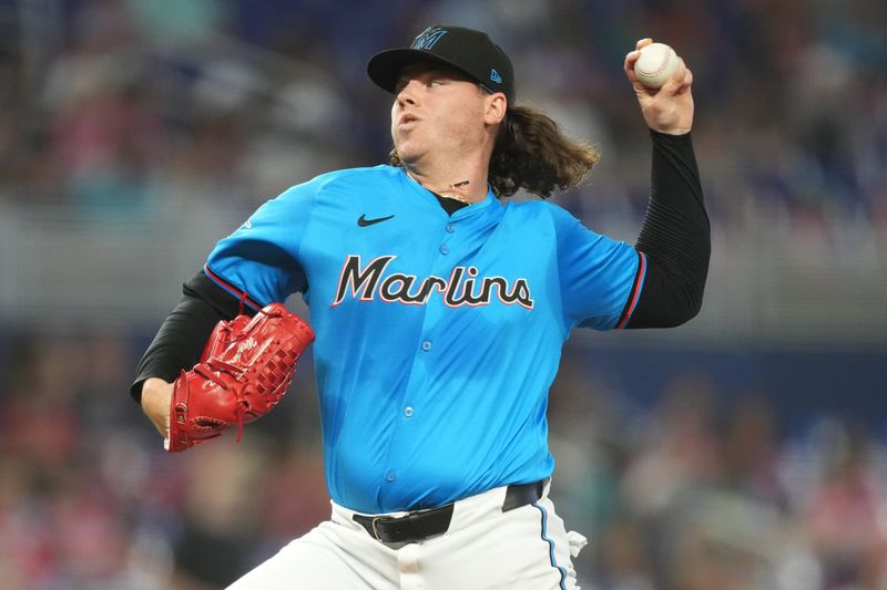 Apr 28, 2024; Miami, Florida, USA;  Miami Marlins starting pitcher Ryan Weathers (60) pitches in the first inning against the Washington Nationals at loanDepot Park. Mandatory Credit: Jim Rassol-USA TODAY Sports