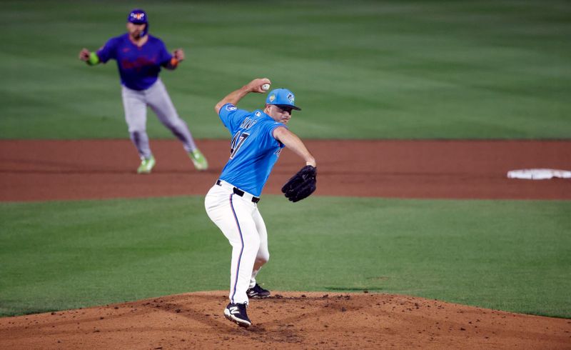 Mar 6, 2026; Jupiter, Florida, USA;  Miami Marlins pitcher John King (47) pitches against the New York Mets during the fourth inning at Roger Dean Chevrolet Stadium. Mandatory Credit: Rhona Wise-Imagn Images