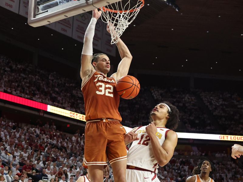 Jan 17, 2023; Ames, Iowa, USA; Texas Longhorns forward Christian Bishop (32) scores a basket against the Iowa State Cyclones during the second half at James H. Hilton Coliseum. Mandatory Credit: Reese Strickland-USA TODAY Sports