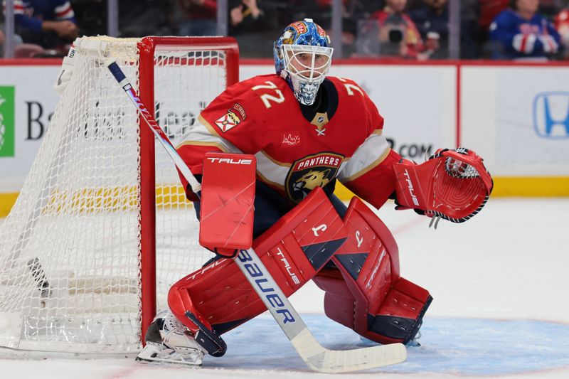 Feb 26, 2026; Sunrise, Florida, USA; Florida Panthers goaltender Sergei Bobrovsky (72) defends his net against the Toronto Maple Leafs during the second period at Amerant Bank Arena. Mandatory Credit: Sam Navarro-Imagn Images