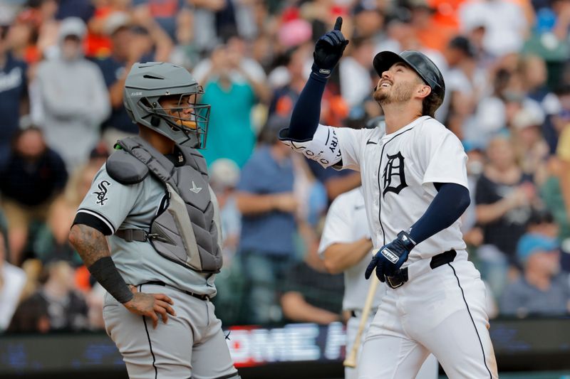 Jun 23, 2024; Detroit, Michigan, USA;  Detroit Tigers shortstop Zach McKinstry (39) celebrates after hitting a home run in the seventh inning against the Chicago White Sox at Comerica Park. Mandatory Credit: Rick Osentoski-USA TODAY Sports