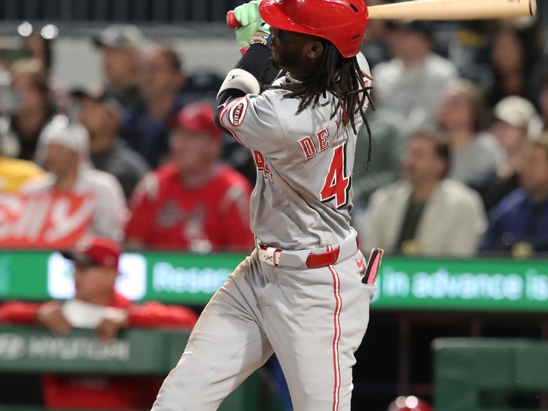 May 19, 2025; Pittsburgh, Pennsylvania, USA;  Cincinnati Reds shortstop Elly De La Cruz (44) hits a RBI double against the Pittsburgh Pirates during the ninth inning at PNC Park. Mandatory Credit: Charles LeClaire-Imagn Images