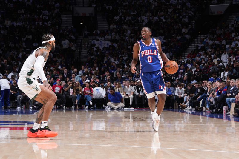 PHILADELPHIA, PA - OCTOBER 23: Tyrese Maxey #0 of the Philadelphia 76ers dribbles the ball during the game against the Milwaukee Bucks on October 23, 2024 at the Wells Fargo Center in Philadelphia, Pennsylvania NOTE TO USER: User expressly acknowledges and agrees that, by downloading and/or using this Photograph, user is consenting to the terms and conditions of the Getty Images License Agreement. Mandatory Copyright Notice: Copyright 2024 NBAE (Photo by Jesse D. Garrabrant/NBAE via Getty Images)