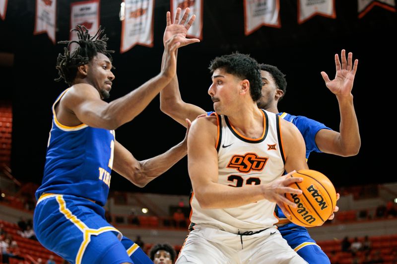 Feb 24, 2026; Stillwater, Oklahoma, USA; Oklahoma State Cowboys forward Parsa Fallah (22) protects the ball during the first half against the West Virginia Mountaineers at Gallagher-Iba Arena. Mandatory Credit: William Purnell-Imagn Images