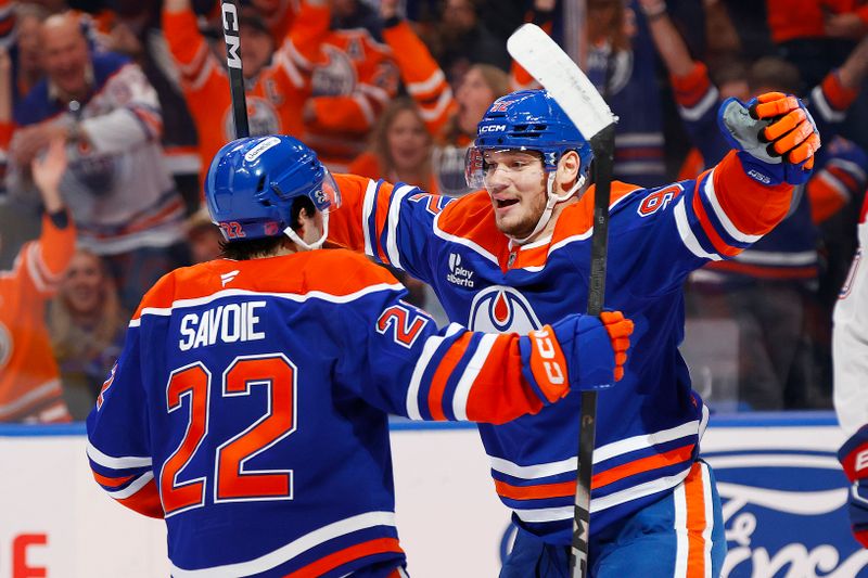 Oct 23, 2025; Edmonton, Alberta, CAN; The Edmonton Oilers celebrate a goal scored by forward Vasily Podkolzin (92) during the third period against the Montreal Canadiens at Rogers Place. Mandatory Credit: Perry Nelson-Imagn Images