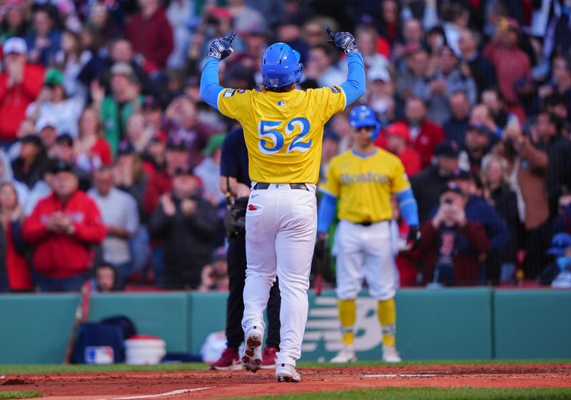 May 11, 2024; Boston, Massachusetts, USA; Boston Red Sox right fielder Wilyer Abreu (52) reacts to hitting a home run against the Washington Nationals as he rounds the bases during the third inning at Fenway Park. Mandatory Credit: Gregory Fisher-USA TODAY Sports