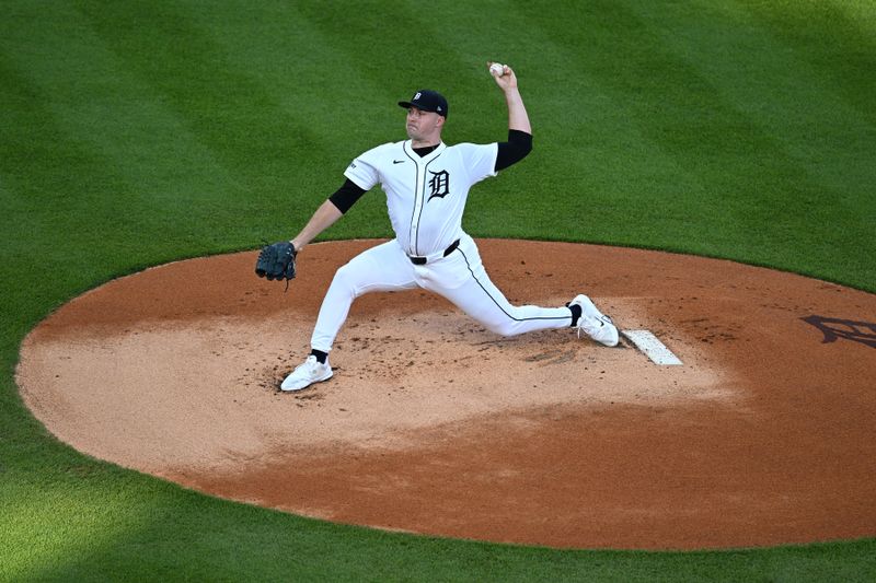 Jun 29, 2025; Detroit, Michigan, USA; Detroit Tigers starting pitcher Tarik Skubal (29)] throws a pitch against the Minnesota Twins in the first inning at Comerica Park. Mandatory Credit: Lon Horwedel-Imagn Images