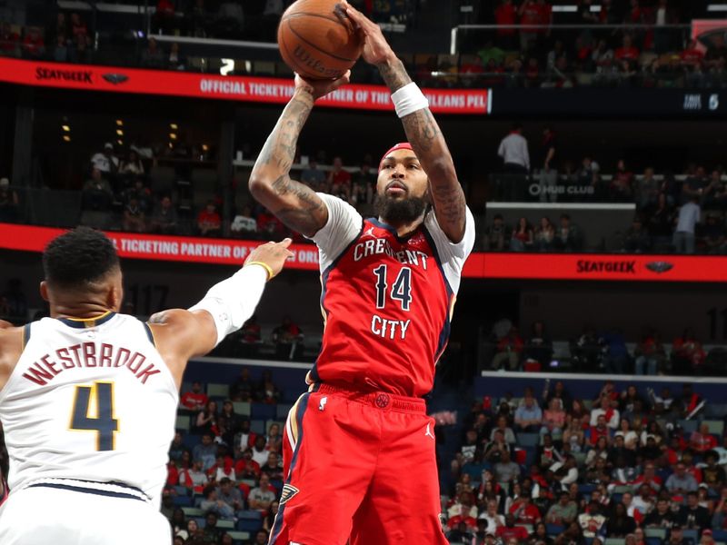 NEW ORLEANS, LA - NOVEMBER 15: Brandon Ingram #14 of the New Orleans Pelicans shoots the ball during the game against the Denver Nuggets during the Emirates NBA Cup game on November 15, 2024 at the Smoothie King Center in New Orleans, Louisiana. NOTE TO USER: User expressly acknowledges and agrees that, by downloading and or using this Photograph, user is consenting to the terms and conditions of the Getty Images License Agreement. Mandatory Copyright Notice: Copyright 2024 NBAE (Photo by Layne Murdoch Jr./NBAE via Getty Images)