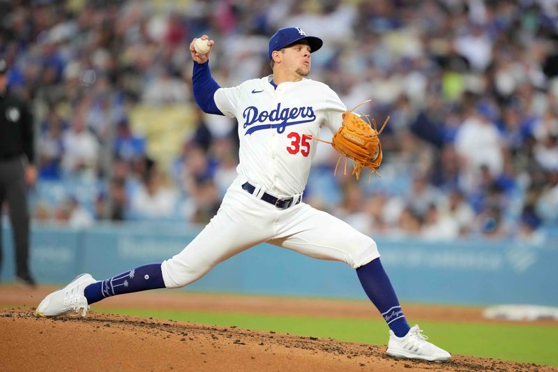 Jul 3, 2024; Los Angeles, California, USA; Los Angeles Dodgers starting pitcher Gavin Stone (35) throws in the second inning Arizona Diamondbacks at Dodger Stadium. Mandatory Credit: Kirby Lee-USA TODAY Sports