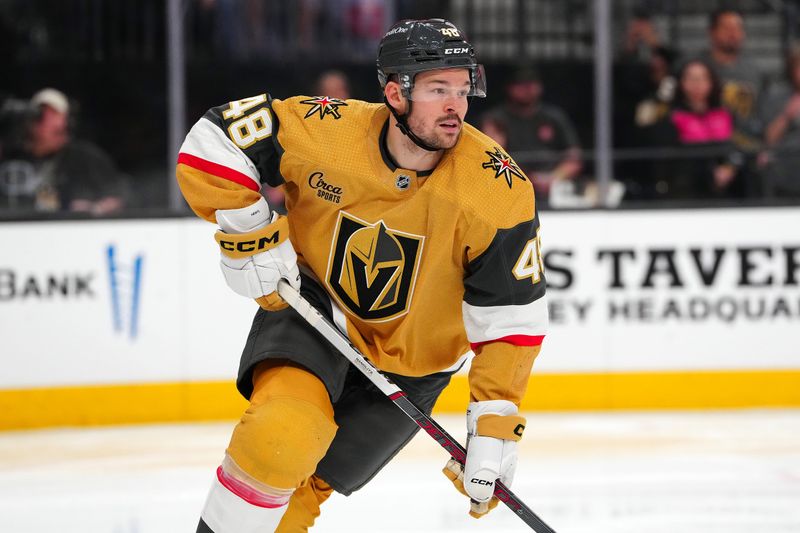 Apr 12, 2024; Las Vegas, Nevada, USA; Vegas Golden Knights center Tomas Hertl (48) skates against the Minnesota Wild during the second period at T-Mobile Arena. Mandatory Credit: Stephen R. Sylvanie-USA TODAY Sports