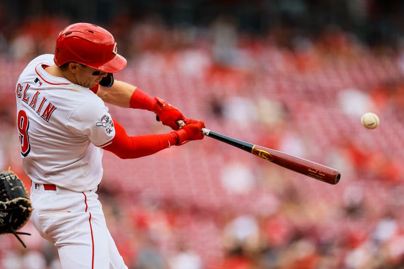 May 15, 2025; Cincinnati, Ohio, USA; Cincinnati Reds second baseman Matt McLain (9) hits a solo home run in the sixth inning against the Chicago White Sox at Great American Ball Park. Mandatory Credit: Katie Stratman-Imagn Images