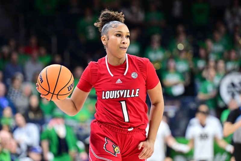 Mar 3, 2024; South Bend, Indiana, USA; Louisville Cardinals guard Sydney Taylor (1) passes the ball in the first half against the Notre Dame Fighting Irish at the Purcell Pavilion. Mandatory Credit: Matt Cashore-USA TODAY Sports