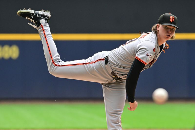 Aug 29, 2024; Milwaukee, Wisconsin, USA;  San Francisco Giants starting pitcher Hayden Birdsong (60) pitches in the first inning against the Milwaukee Brewers at American Family Field. Mandatory Credit: Benny Sieu-USA TODAY Sports