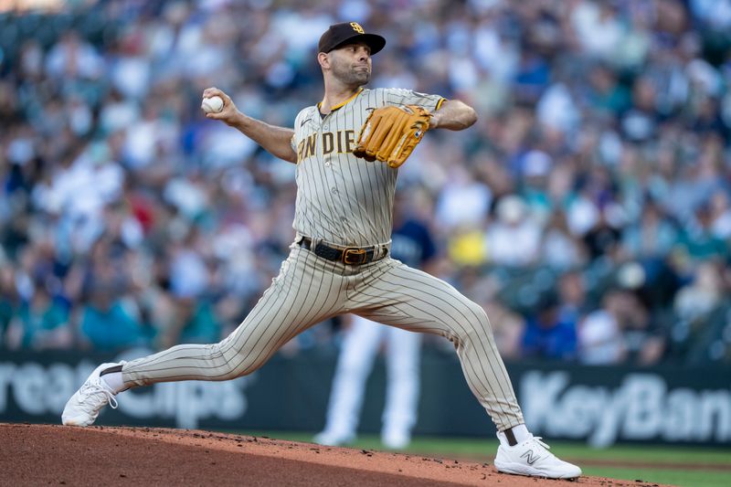 Aug 8, 2023; Seattle, Washington, USA; San Diego Padres starter Nick Martinez (21) delivers a pitch during the first inning against the Seattle Mariners at T-Mobile Park. Mandatory Credit: Stephen Brashear-USA TODAY Sports