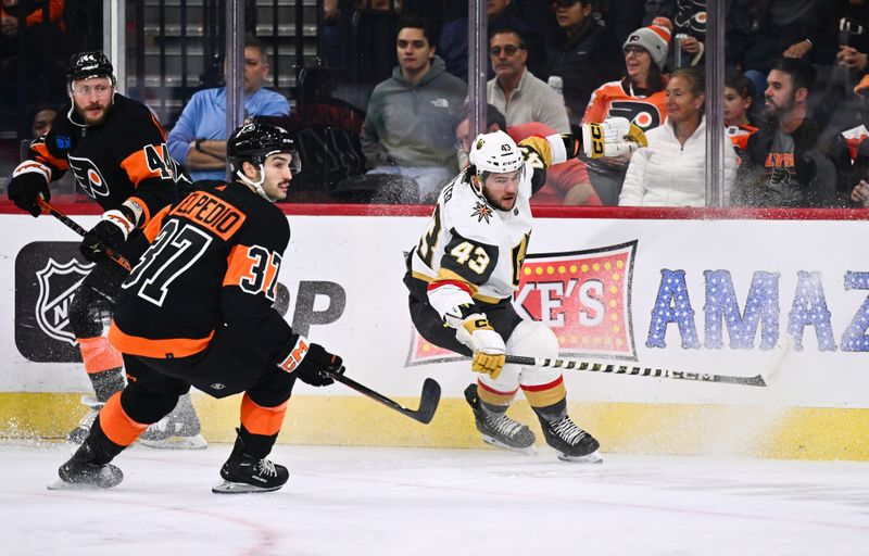 Nov 18, 2023; Philadelphia, Pennsylvania, USA; Vegas Golden Knights center Paul Cotter (43) skates against the Philadelphia Flyers in the first period at Wells Fargo Center. Mandatory Credit: Kyle Ross-USA TODAY Sports