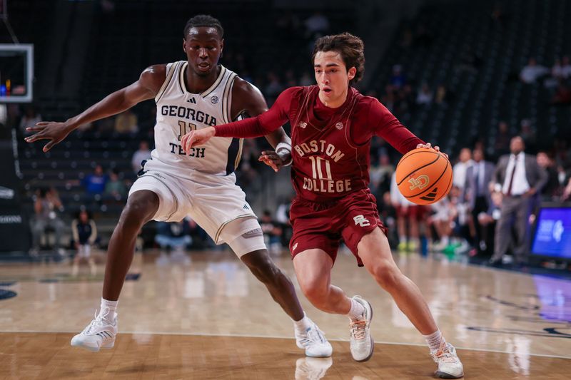 Jan 3, 2026; Atlanta, Georgia, USA; Boston College Eagles guard Luka Toews (10) drives past Georgia Tech Yellow Jackets forward Baye Ndongo (11) in the first half at McCamish Pavilion. Mandatory Credit: Brett Davis-Imagn Images
