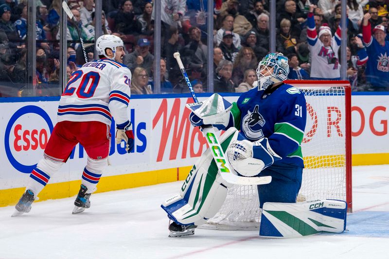 Nov 19, 2024; Vancouver, British Columbia, CAN; Vancouver Canucks goalie Arturs Silovs (31) reacts as New York Rangers forward Chris Kreider (20) celebrates his goal during the third period at Rogers Arena. Mandatory Credit: Bob Frid-Imagn Images