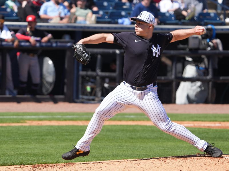 Mar 6, 2025; Tampa, Florida, USA; New York Yankees pitcher Will Bryan (40) throws a pitch against the Minnesota Twins during the second inning at George M. Steinbrenner Field. Mandatory Credit: Dave Nelson-Imagn Images