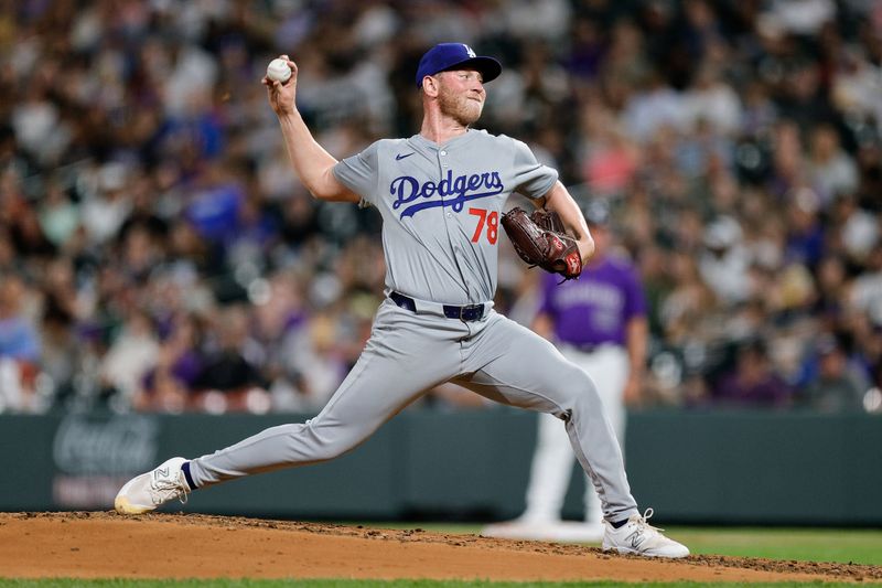 Sep 27, 2024; Denver, Colorado, USA; Los Angeles Dodgers relief pitcher Ben Casparius (78) pitches in the third inning against the Colorado Rockies at Coors Field. Mandatory Credit: Isaiah J. Downing-Imagn Images