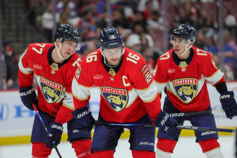 Nov 6, 2023; Sunrise, Florida, USA; Florida Panthers center Aleksander Barkov (16) looks on against the Columbus Blue Jackets during the first period at Amerant Bank Arena. Mandatory Credit: Sam Navarro-USA TODAY Sports