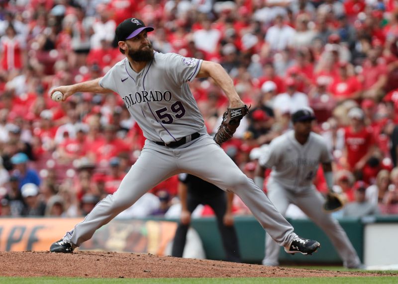 Jun 21, 2023; Cincinnati, Ohio, USA; Colorado Rockies starting pitcher Jake Bird (59) throws against the Cincinnati Reds during the second inning at Great American Ball Park. Mandatory Credit: David Kohl-USA TODAY Sports