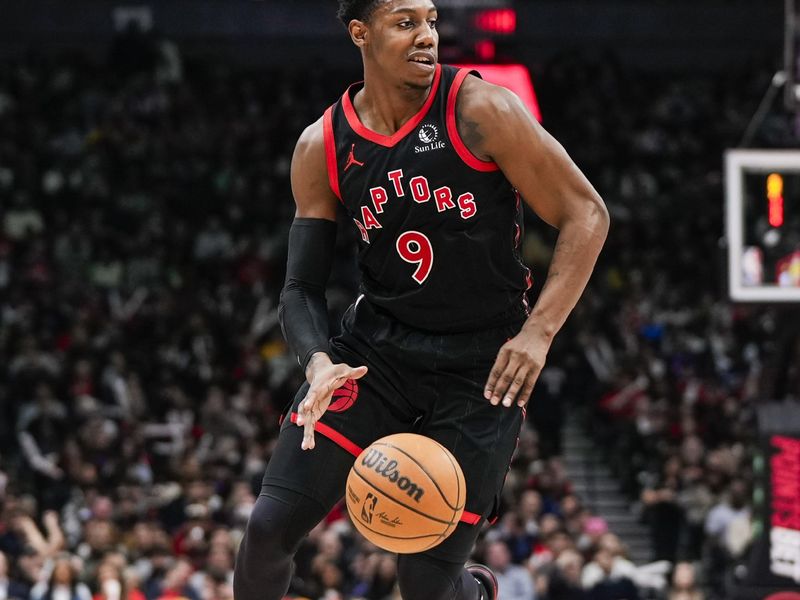 TORONTO, ON - FEBRUARY 9: RJ Barrett #9 and RJ Barrett #9 of the Toronto Raptors dribbles against the Houston Rockets during the first half of their basketball game at the Scotiabank Arena on February 9, 2024 in Toronto, Ontario, Canada. NOTE TO USER: User expressly acknowledges and agrees that, by downloading and/or using this Photograph, user is consenting to the terms and conditions of the Getty Images License Agreement. (Photo by Mark Blinch/Getty Images)