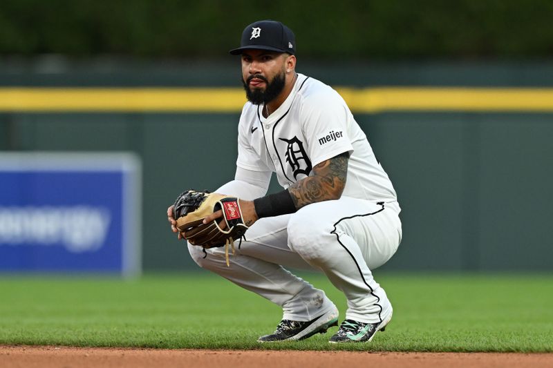 Jun 25, 2025; Detroit, Michigan, USA; Detroit Tigers second baseman Gleyber Torres (25) looks on during a mound visit against the Athletics in the eighth inning at Comerica Park. Mandatory Credit: Lon Horwedel-Imagn Images