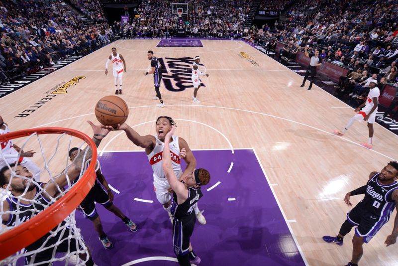 SACRAMENTO, CA - JANUARY 5: Scottie Barnes #4 of the Toronto Raptors shoots the ball during the game against the Sacramento Kings on January 5, 2024 at Golden 1 Center in Sacramento, California. NOTE TO USER: User expressly acknowledges and agrees that, by downloading and or using this Photograph, user is consenting to the terms and conditions of the Getty Images License Agreement. Mandatory Copyright Notice: Copyright 2024 NBAE (Photo by Rocky Widner/NBAE via Getty Images)