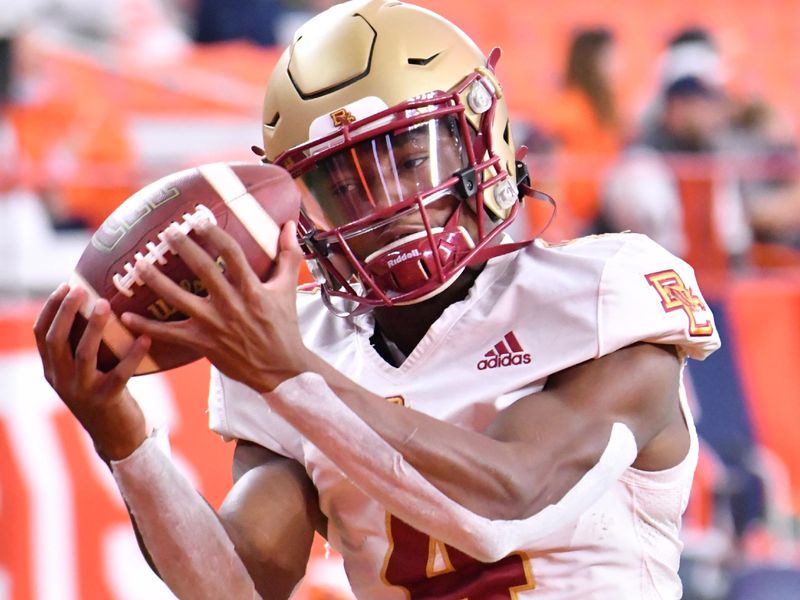 Oct 30, 2021; Syracuse, New York, USA; Boston College Eagles wide receiver Zay Flowers (4) catches a pass in warm up drills prior to a game against the Syracuse Orange at the Carrier Dome. Mandatory Credit: Mark Konezny-USA TODAY Sports