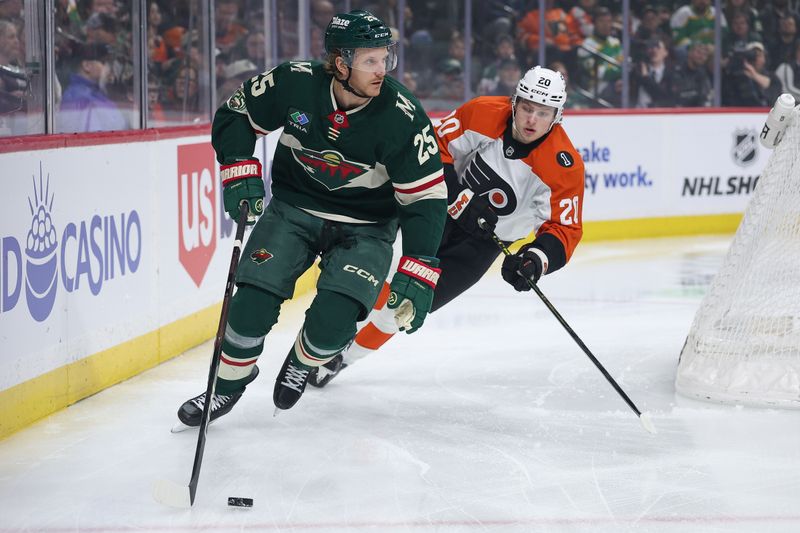 Mar 12, 2026; Saint Paul, Minnesota, USA; Minnesota Wild defenseman Jonas Brodin (25) skates with the puck as Philadelphia Flyers left wing Alex Bump (20) defends during the first period at Grand Casino Arena. Mandatory Credit: Matt Krohn-Imagn Images
