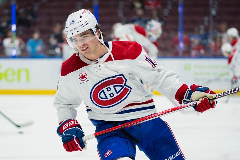 Mar 21, 2024; Vancouver, British Columbia, CAN; Montreal Canadiens forward Alex Newhook (15) skates during warm up prior to a game against the Vancouver Canucks at Rogers Arena. Mandatory Credit: Bob Frid-USA TODAY Sports