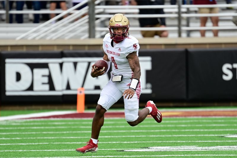 Sep 16, 2023; Chestnut Hill, Massachusetts, USA; Boston College Eagles quarterback Thomas Castellanos (1) runs the ball during the first half against the Florida State Seminoles at Alumni Stadium. Mandatory Credit: Eric Canha-USA TODAY Sports