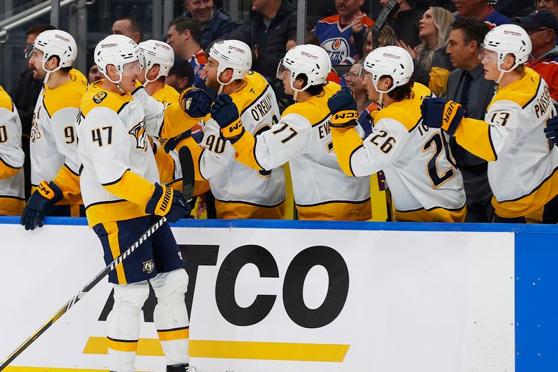 Nov 14, 2024; Edmonton, Alberta, CAN; The Nashville Predators celebrate a goal scored by forward Michael McCarron (47) during the first period against the Edmonton Oilers at Rogers Place. Mandatory Credit: Perry Nelson-Imagn Images