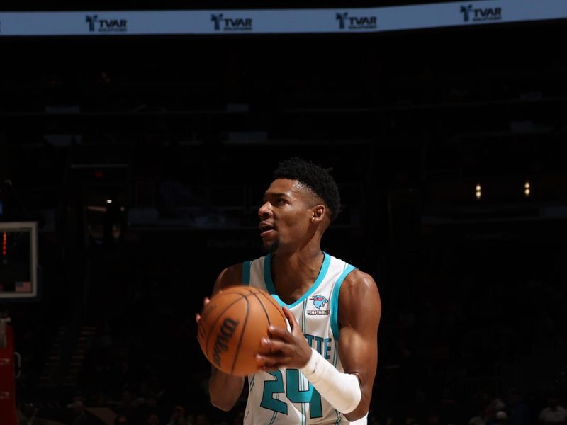 WASHINGTON, DC -? MARCH 8:  Brandon Miller #24 of the Charlotte Hornets handles the ball during the game  on March 8, 2024 at Capital One Arena in Washington, DC. NOTE TO USER: User expressly acknowledges and agrees that, by downloading and or using this Photograph, user is consenting to the terms and conditions of the Getty Images License Agreement. Mandatory Copyright Notice: Copyright 2024 NBAE (Photo by Stephen Gosling/NBAE via Getty Images)