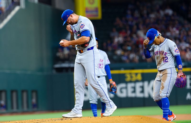 Jun 19, 2024; Arlington, Texas, USA; New York Mets starting pitcher Sean Manaea (59) reacts during the first inning against the Texas Rangers at Globe Life Field. Mandatory Credit: Kevin Jairaj-USA TODAY Sports