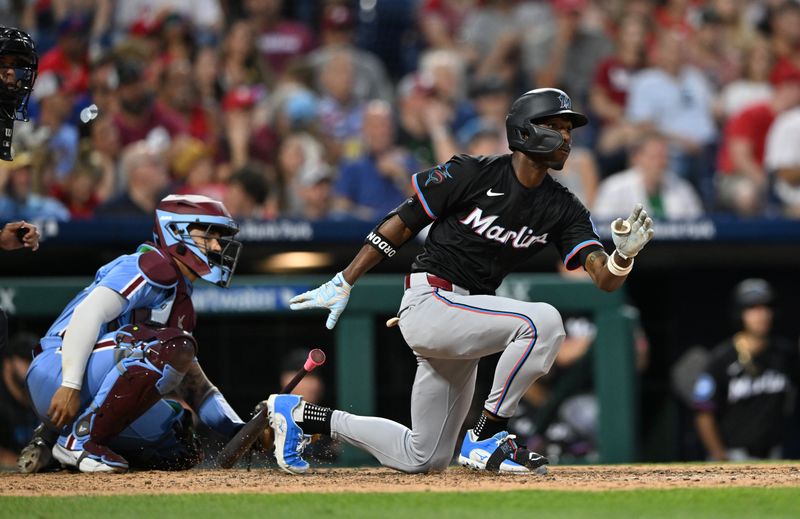 Jun 27, 2024; Philadelphia, Pennsylvania, USA; Miami Marlins outfielder Nick Gordon (1) hits a double against the Philadelphia Phillies in the eighth inning at Citizens Bank Park. Mandatory Credit: Kyle Ross-USA TODAY Sports