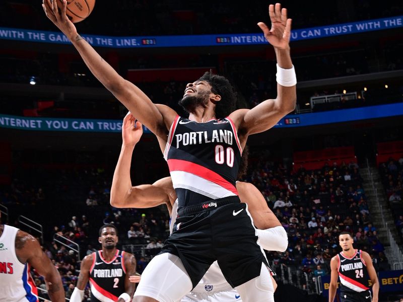 DETROIT, MI - JANUARY 06:  Scoot Henderson #00 of the Portland Trail Blazers shoots the ball during the game against the Detroit Pistons on January 06, 2025 at Little Caesars Arena in Detroit, Michigan. NOTE TO USER: User expressly acknowledges and agrees that, by downloading and/or using this photograph, User is consenting to the terms and conditions of the Getty Images License Agreement. Mandatory Copyright Notice: Copyright 2025 NBAE (Photo by Chris Schwegler/NBAE via Getty Images)