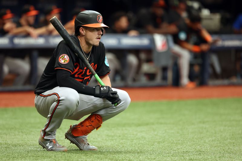 Aug 11, 2024; St. Petersburg, Florida, USA;  Baltimore Orioles first base Ryan Mountcastle (6) looks on while on deck to bat against the Tampa Bay Rays during the first inning at Tropicana Field. Mandatory Credit: Kim Klement Neitzel-USA TODAY Sports